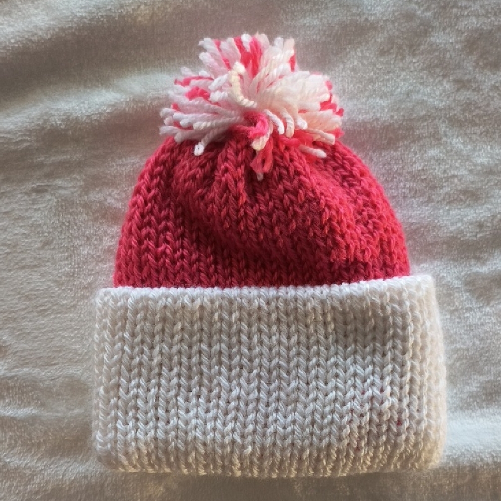 Rose and White Knit Pom-Pom Newborn Beanie